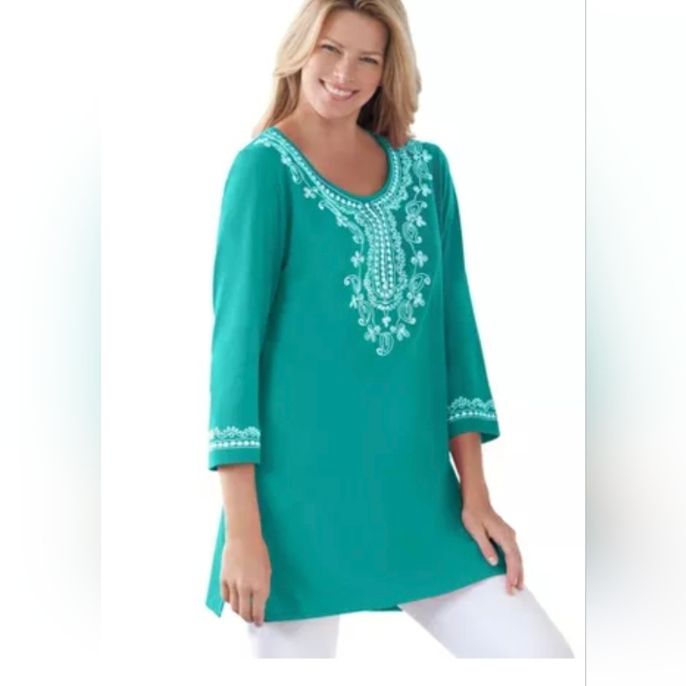 WOMAN WITHIN Cotton Embroidered Scoop Neck